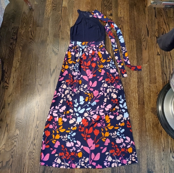 Vince Camuto Colorful Navy Pink Orange Halter w/ Keyhole Maxi Dress w/ Sash sz 2 - Picture 2 of 15